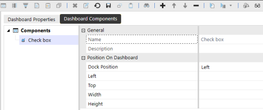 The Dashboard Components tab is selected to display a Check Box component that is added to the dashboard